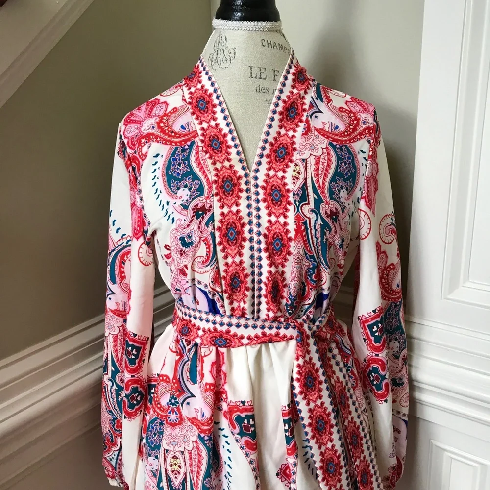 NWT Goodnight Macaroon Lola Dress Womens Small Red Blue Long Sleeve V-Neck Belt - Picture 4 of 12